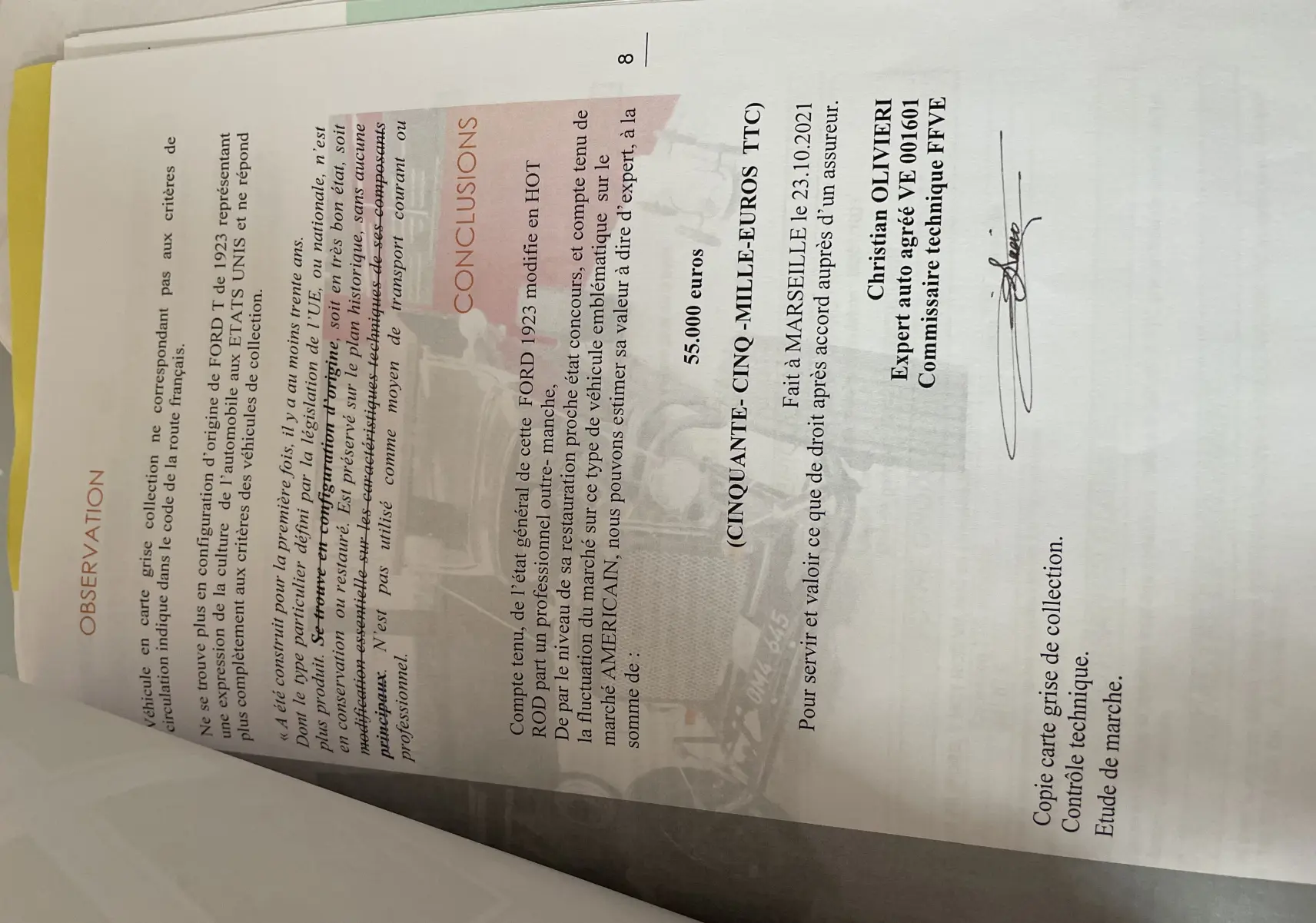 Document d'expertise présentant un Ford T Hot Rod V8 noir de 1923 avec détails techniques et valeur estimée.