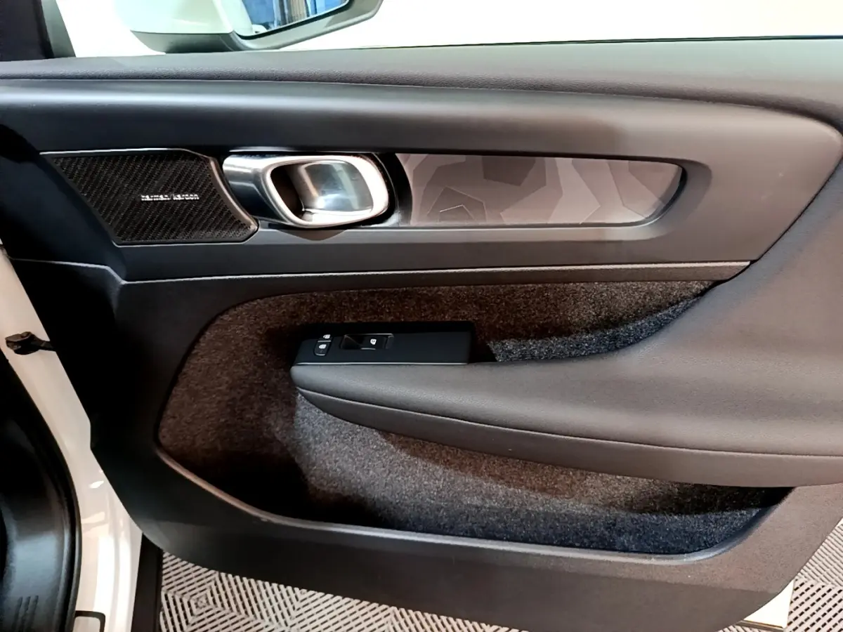 Vue rapprochée de la porte avant gauche du Volvo XC40 hybride rechargeable, avec insert décoratif et commande de vitre noire.