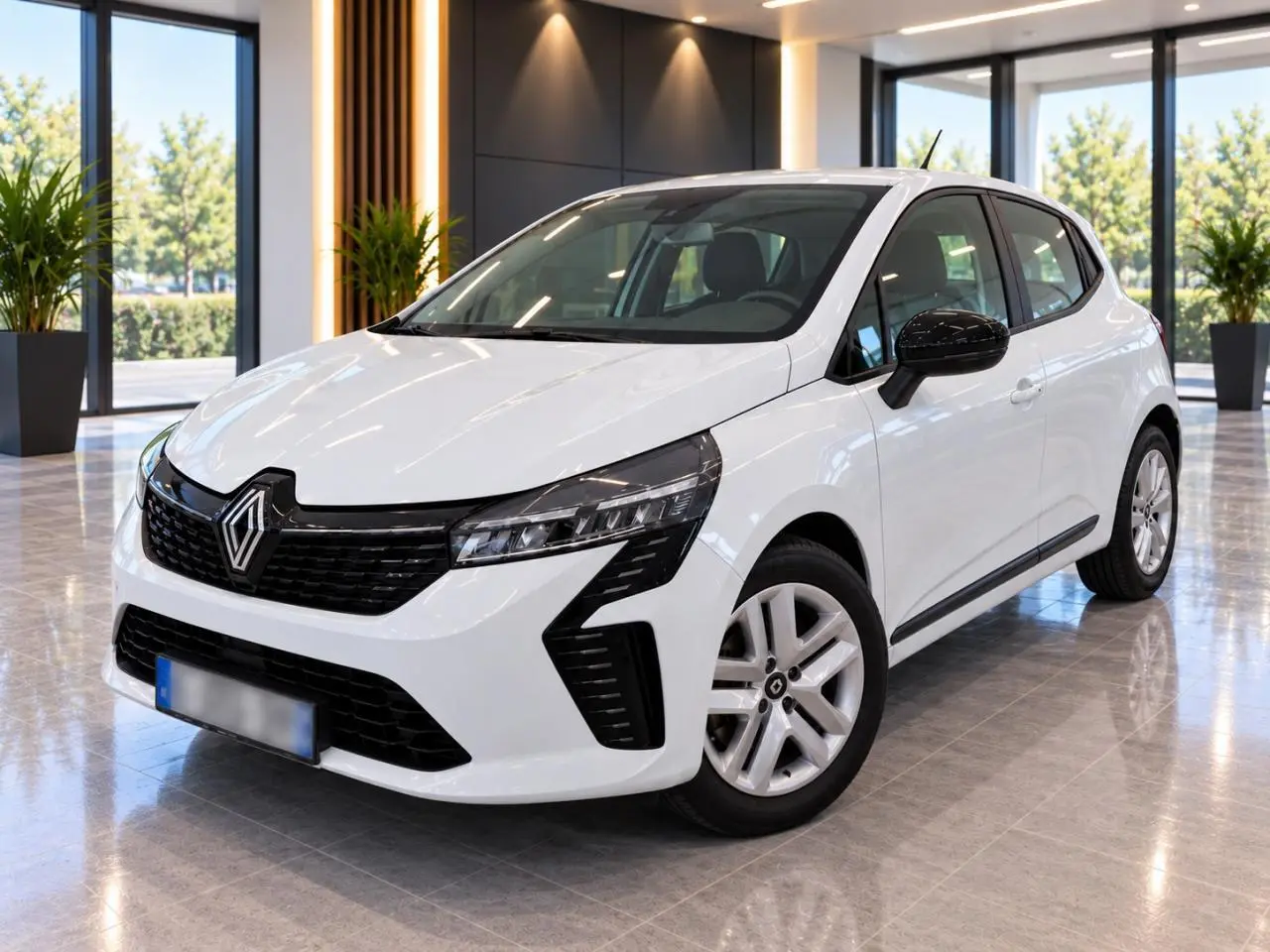 Renault Clio blanc glacier vue 3/4 avant droit, avec calandre noire et rétroviseurs noirs brillants.