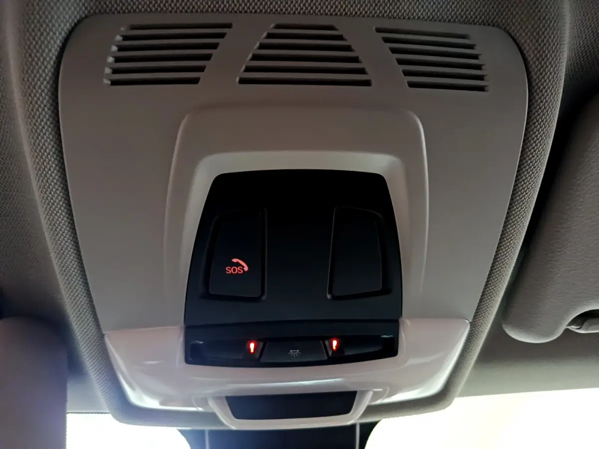 Vue intérieure en gros plan du plafonnier noir avec bouton SOS rouge allumé dans un BMW X1 noir 2021.