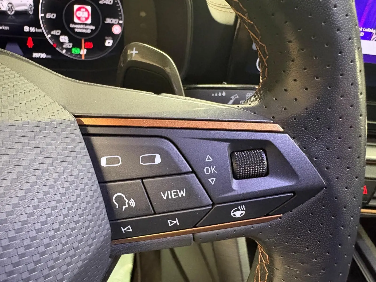 Gros plan sur les commandes du volant côté gauche du CUPRA Formentor gris magnétique, avec boutons multifonctions et molette.