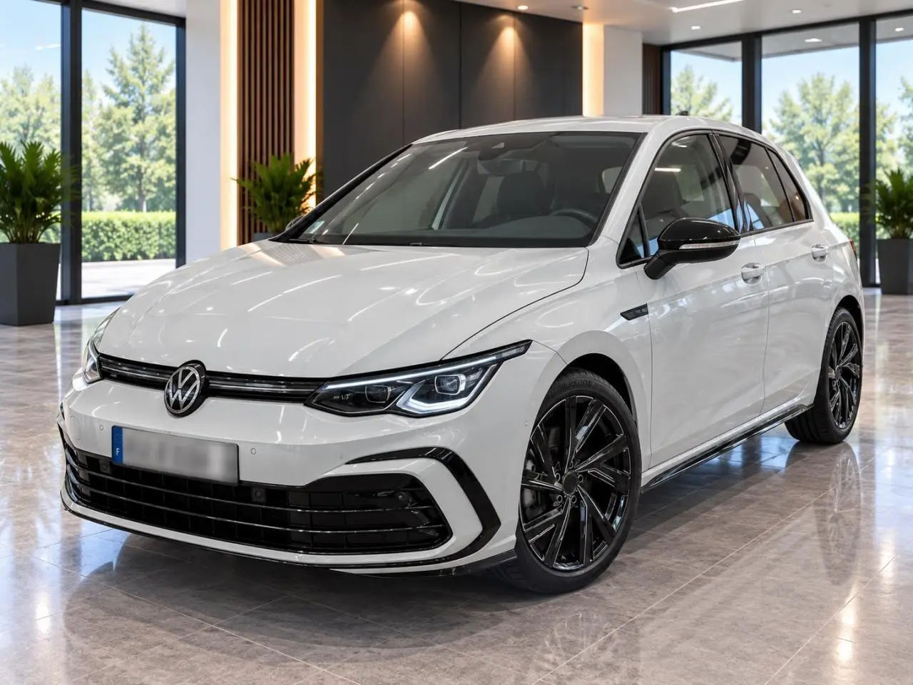 Volkswagen Golf 1.5 eTSI blanche vue 3/4 avant en intérieur avec jantes noires Bergamo 18 pouces.