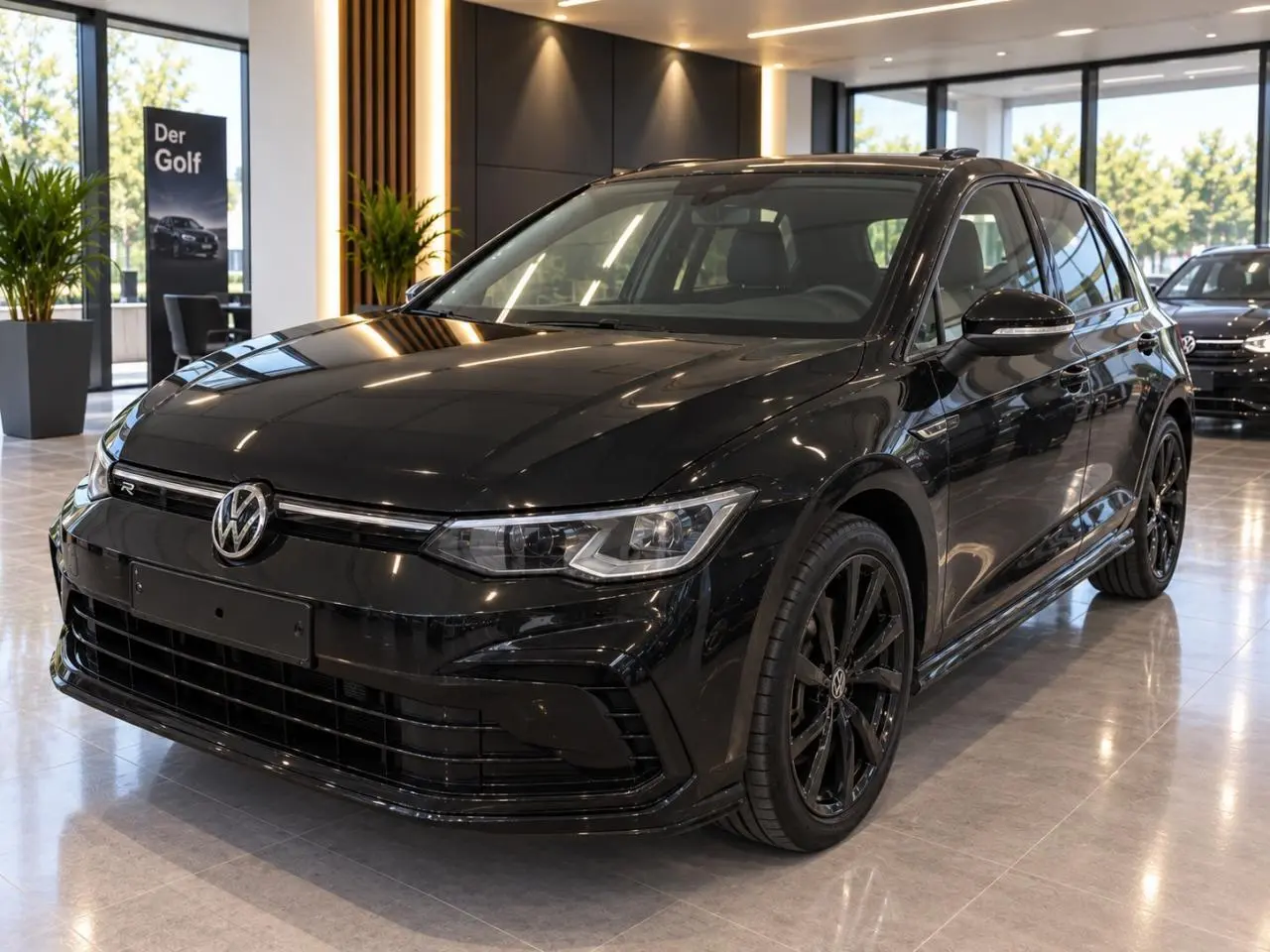 Volkswagen Golf 1.5 eTSI R-Line noir métal vue 3/4 avant avec jantes alliage noir en showroom.