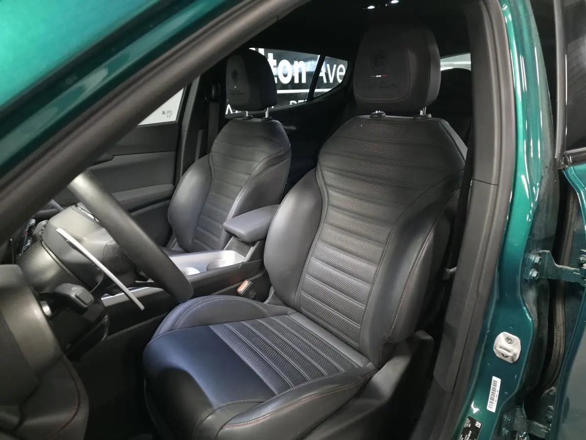 Vue intérieure côté conducteur de l'Alfa Romeo Tonale 2024, sièges sport cuir noir avec surpiqûres rouges, portière verte ouverte.