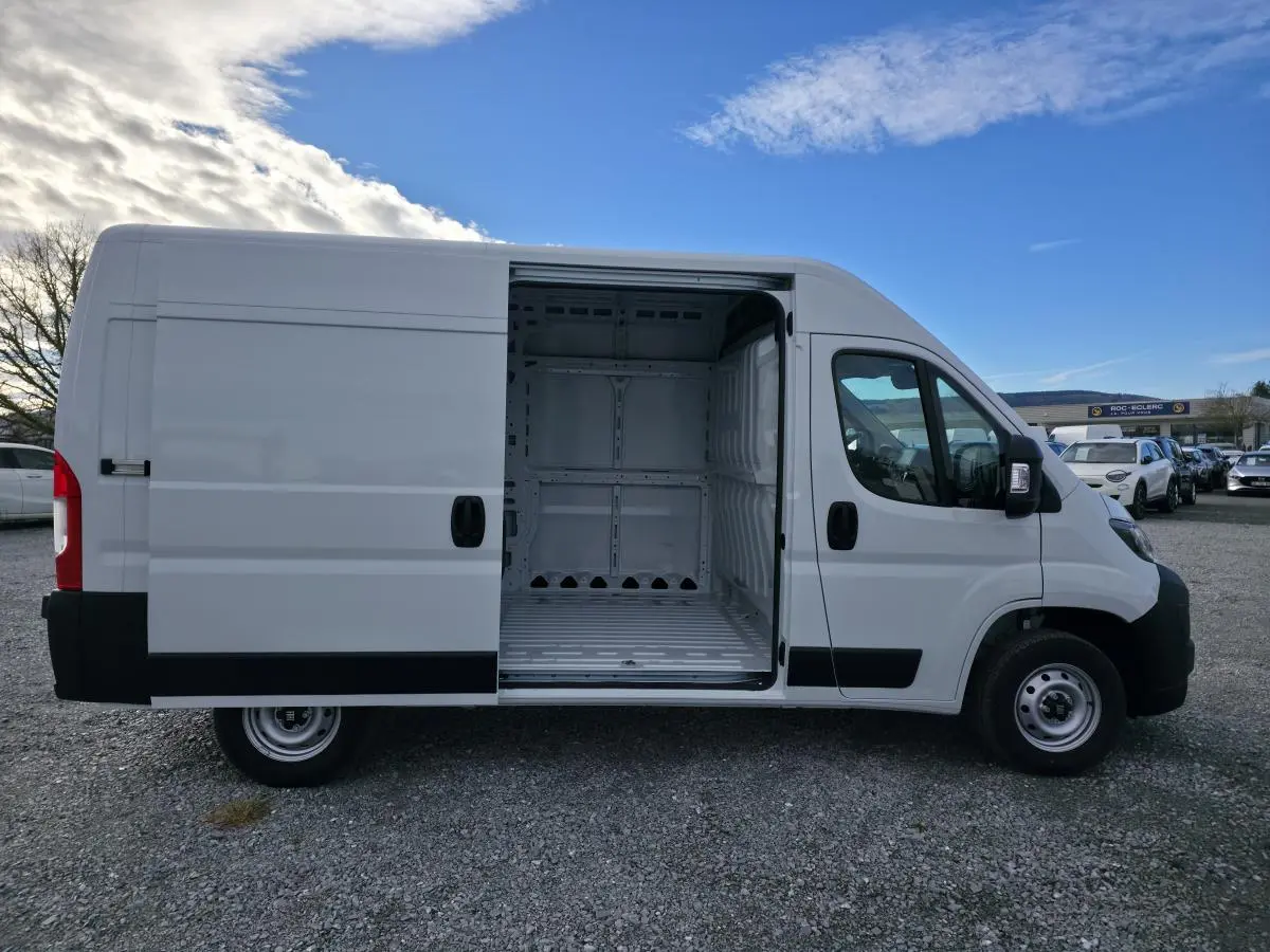 Vue de profil droit d’un FIAT Ducato Fourgon blanc 2025 avec porte latérale coulissante ouverte montrant l’intérieur tôlé vide.