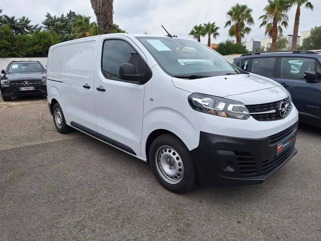 Opel Vivaro blanc vu en 3/4 avant droit, fourgon utilitaire avec porte latérale et pare-chocs noirs.