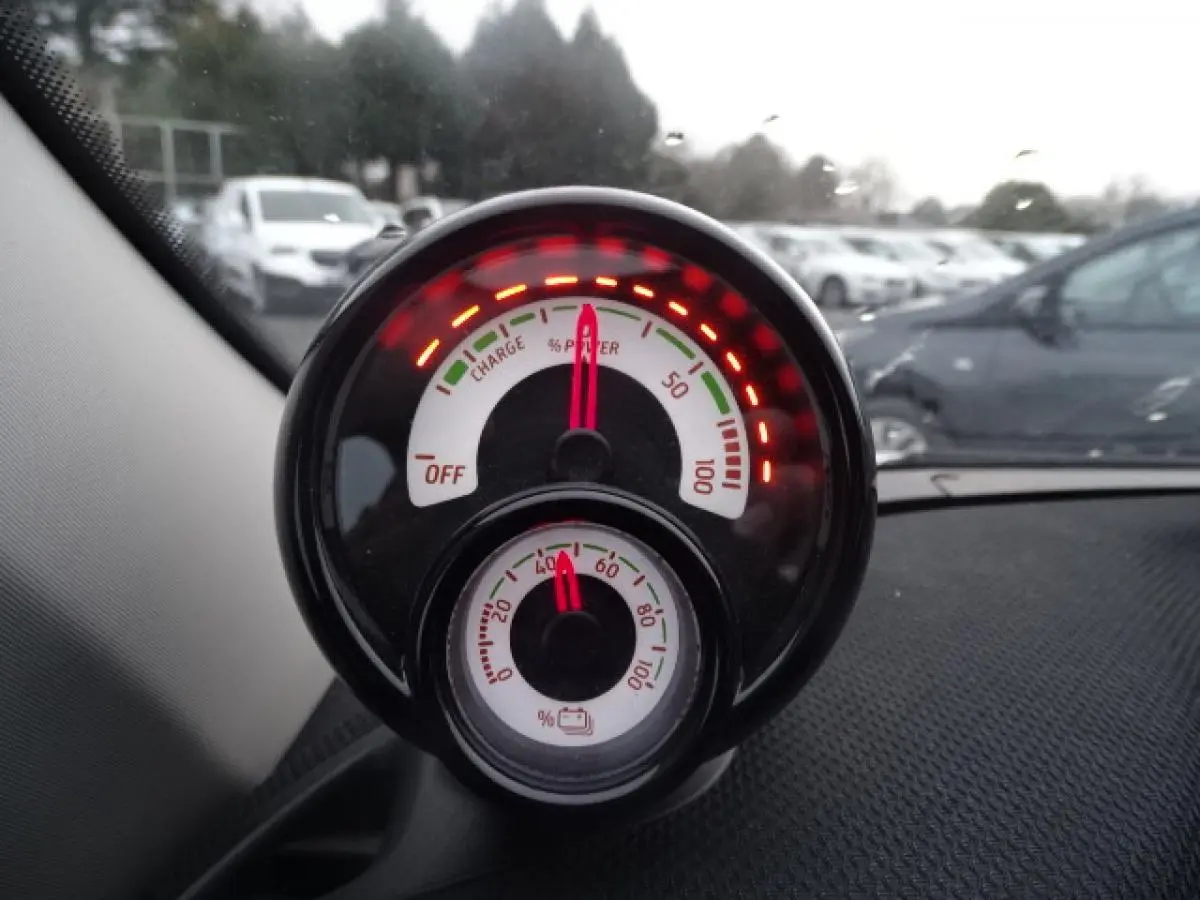 Gros plan sur l'indicateur de puissance et batterie du tableau de bord d'une Smart Forfour électrique blanche.