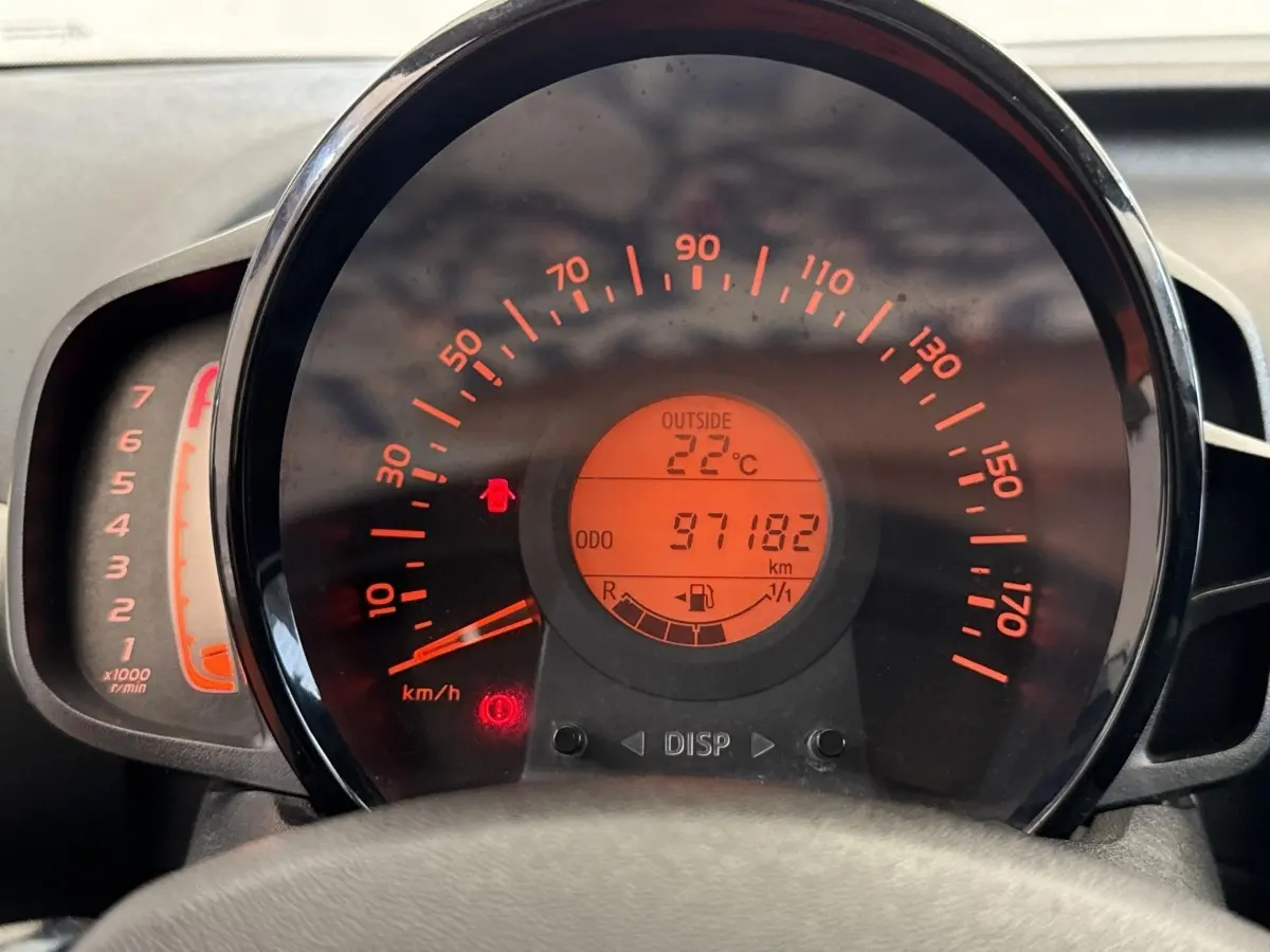 Vue rapprochée du tableau de bord de la Toyota Aygo gris clair, affichant la vitesse, la température extérieure et le compteur kilométrique.