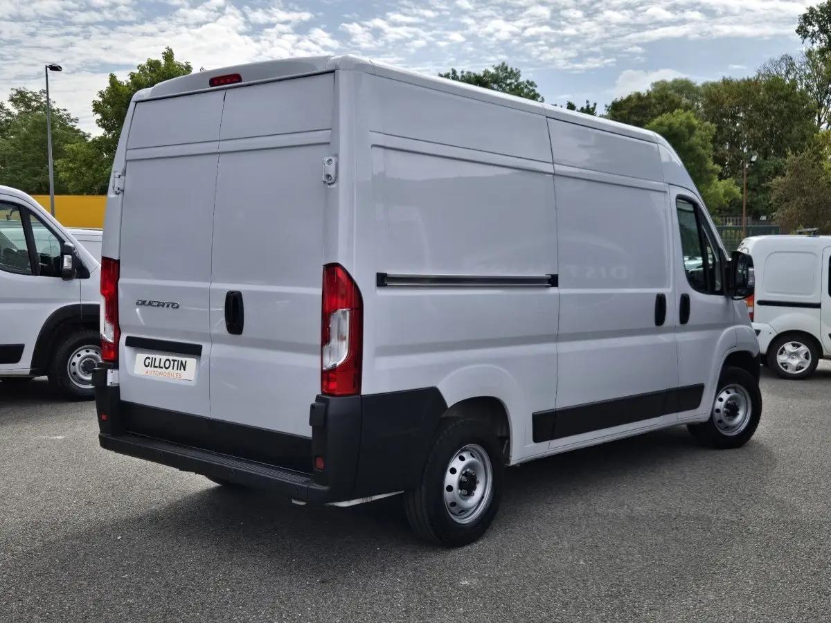 Fiat Ducato Fourgon blanc vu en 3/4 arrière droit, avec cloison pleine et feux arrière rouges.