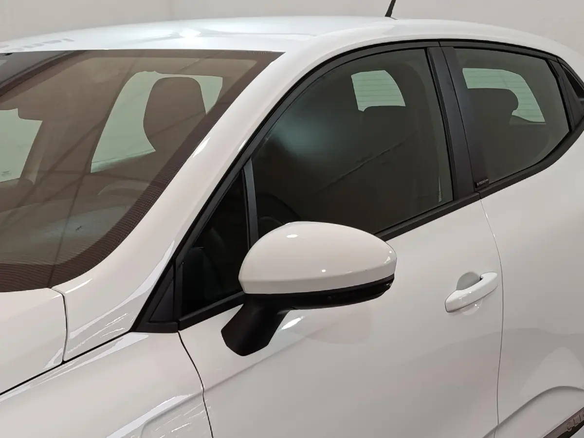 Vue rapprochée du côté gauche d'une Renault Clio Business E-TECH 140 blanche, mettant en valeur la portière et le rétroviseur.