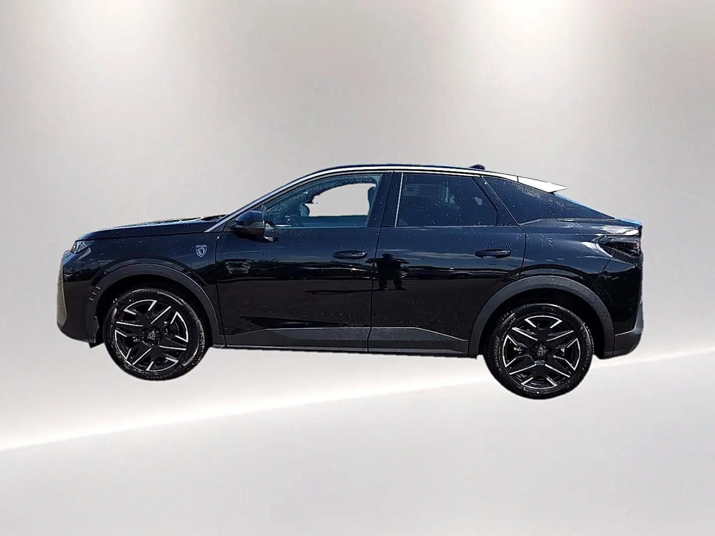 Peugeot 3008 noir vue de profil côté gauche, avec jantes alliage noires et détails modernes sur la carrosserie.