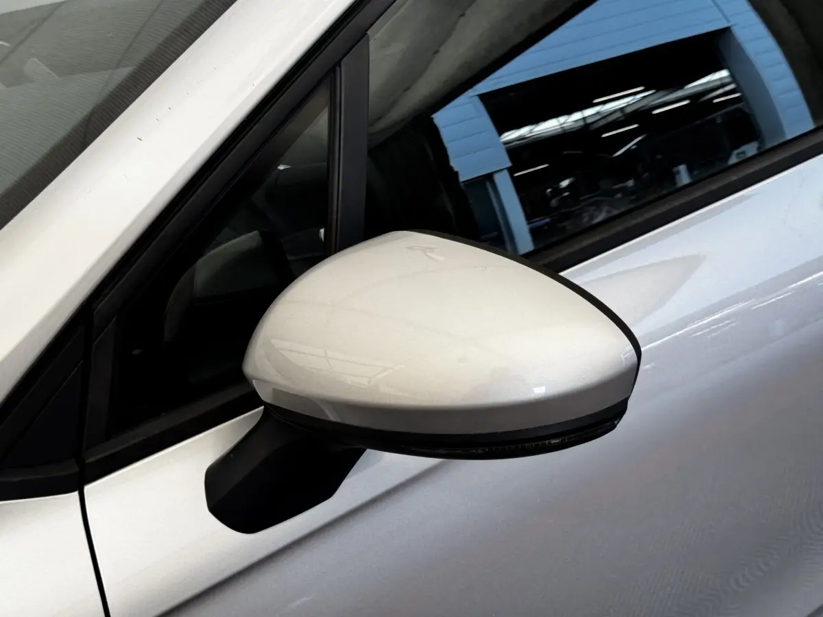Rétroviseur droit gris clair de Renault Clio Business TCe 90 2020, avec porte et vitre partiellement visibles.