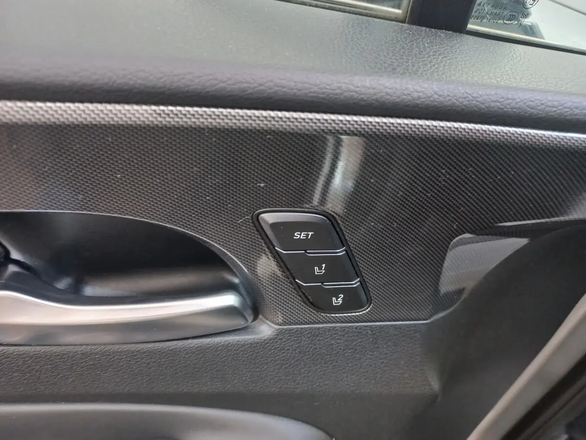 Gros plan sur la poignée intérieure et les boutons de mémorisation des sièges sur la porte côté conducteur du Hyundai Santa Fe gris.