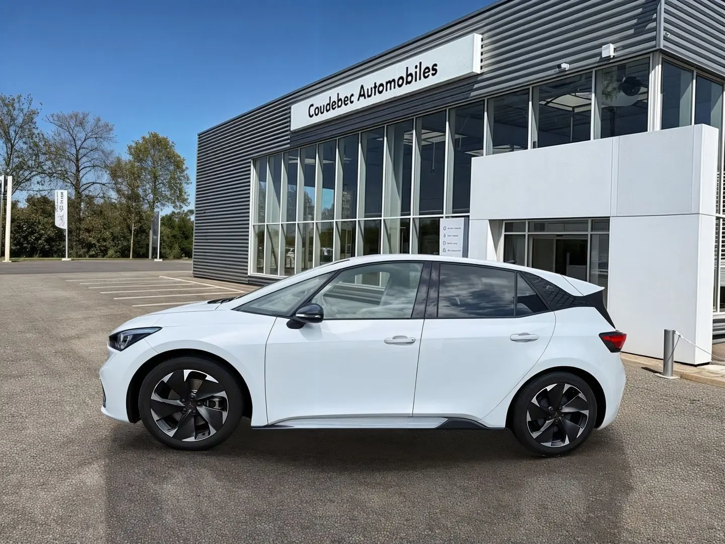 Profil côté gauche de la CUPRA Born 2024 blanche, avec jantes alliage 19 Typhoon Black et vitres arrière surteintées.