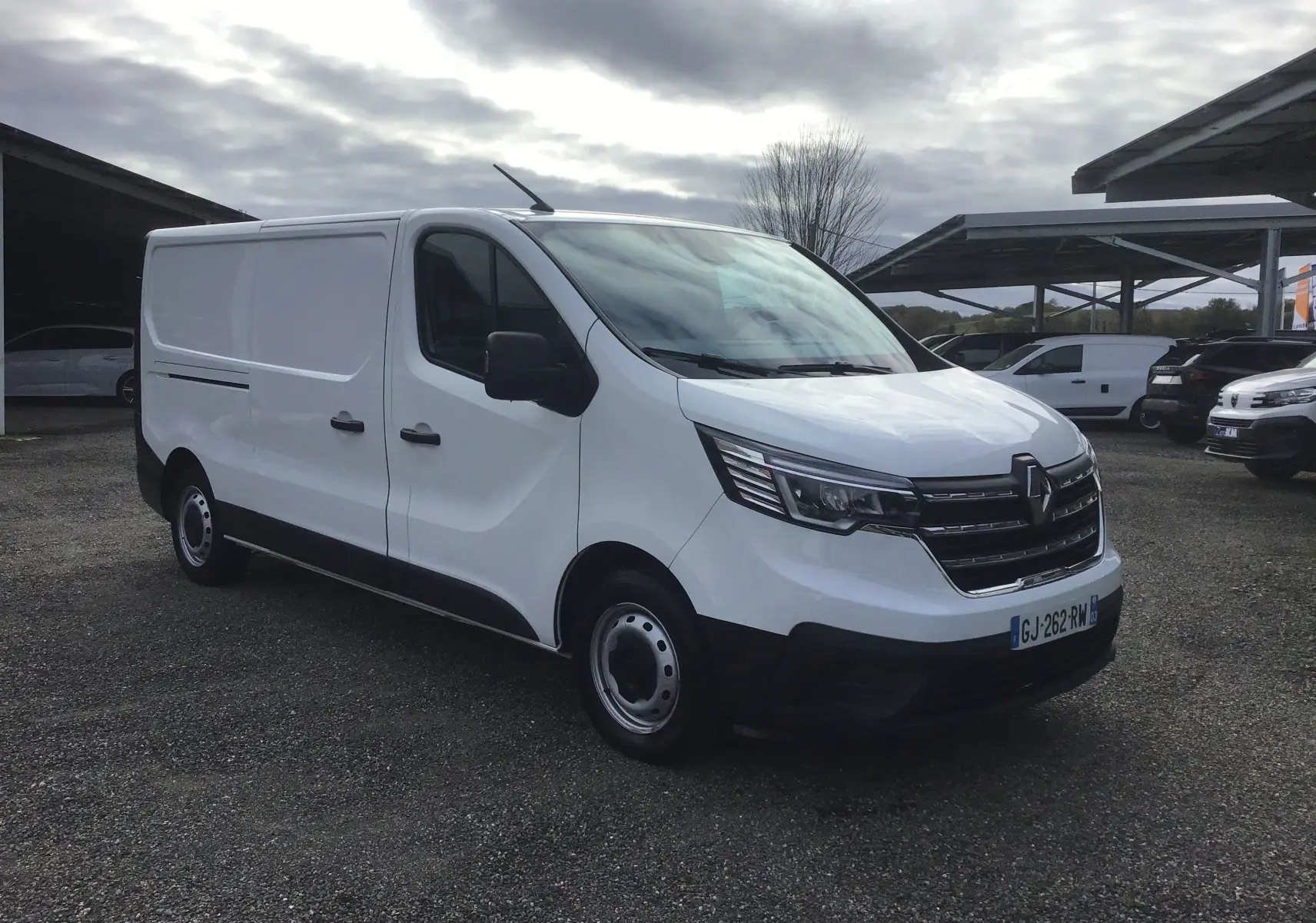Renault Trafic Fourgon blanc vu en 3/4 avant droit sur parking, avec calandre noire et phares modernes.