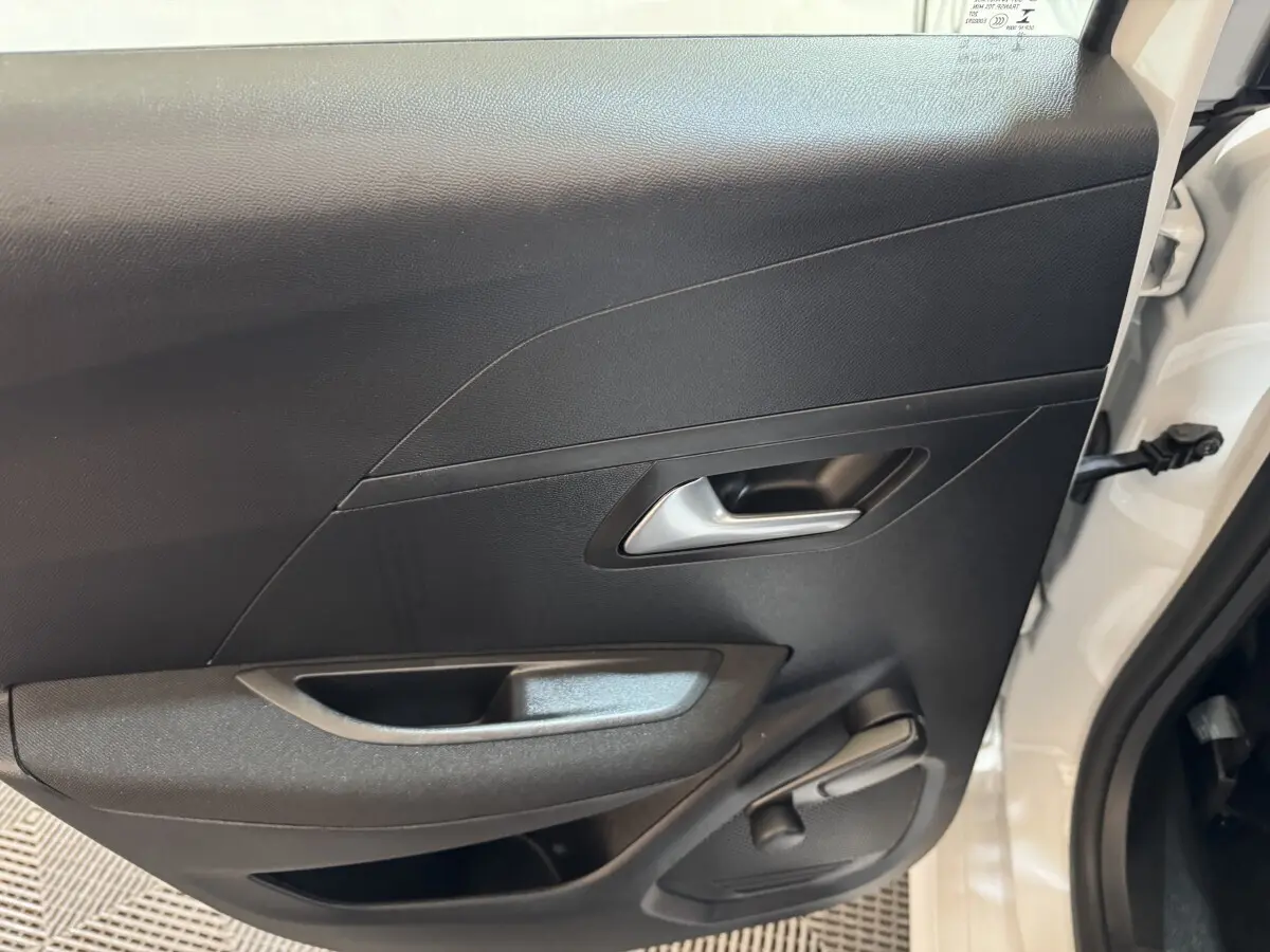 Vue rapprochée de la porte arrière droite noire d'une Peugeot 208 Electrique Active Business 2020, avec poignée argentée.