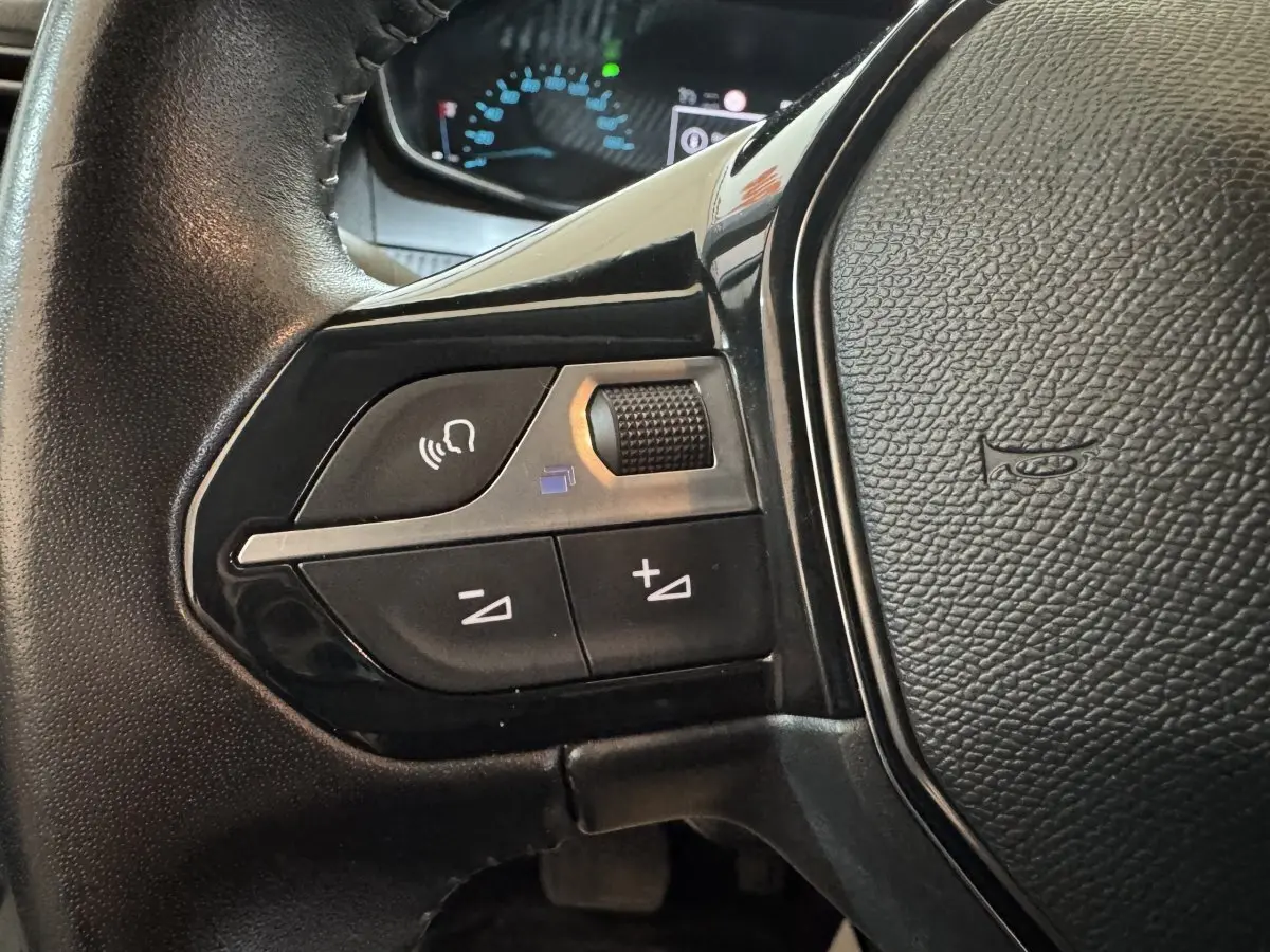 Gros plan sur les commandes vocales et volume du volant cuir noir de la Peugeot 208 Electrique Active Business 2020.