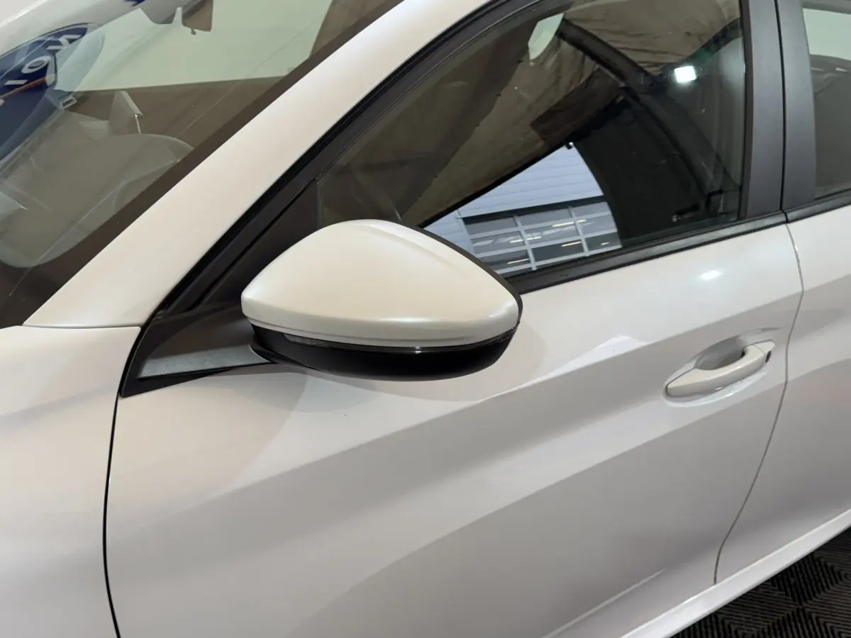 Détail du rétroviseur côté gauche et porte avant blanche d'une Peugeot 208 électrique Active Business 2020.