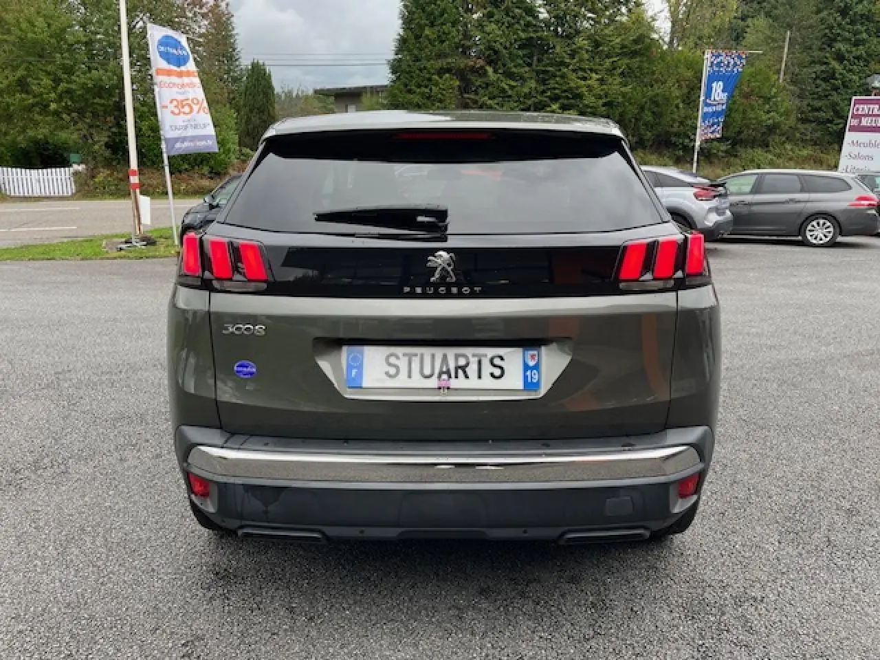 Vue arrière d'un Peugeot 3008 gris amazonite de 2019 avec feux arrière à trois griffes caractéristiques et plaque française.