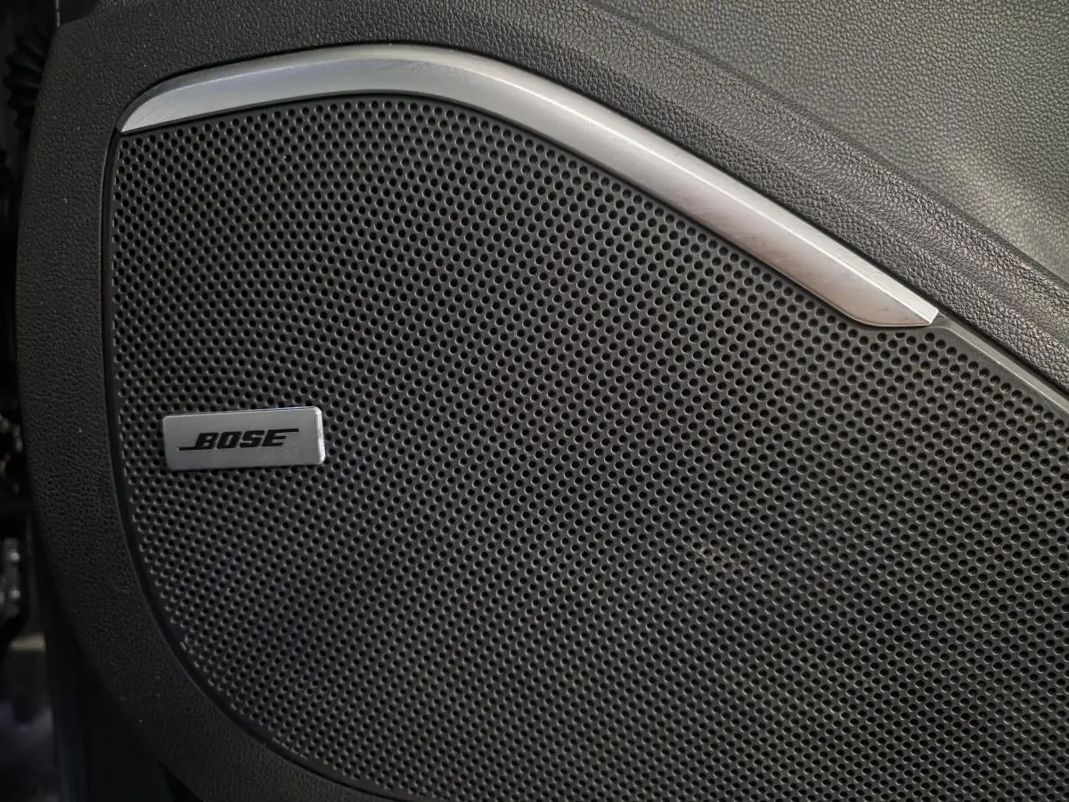 Gros plan sur l'enceinte Bose intégrée à la porte intérieure d'une Renault Scenic IV Initiale Paris noire.
