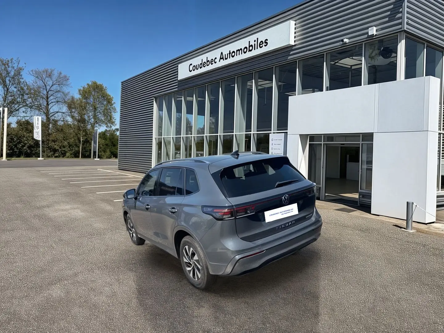 Vue 3/4 arrière du Volkswagen Tiguan gris électrique stationné devant un bâtiment moderne de concession automobile.