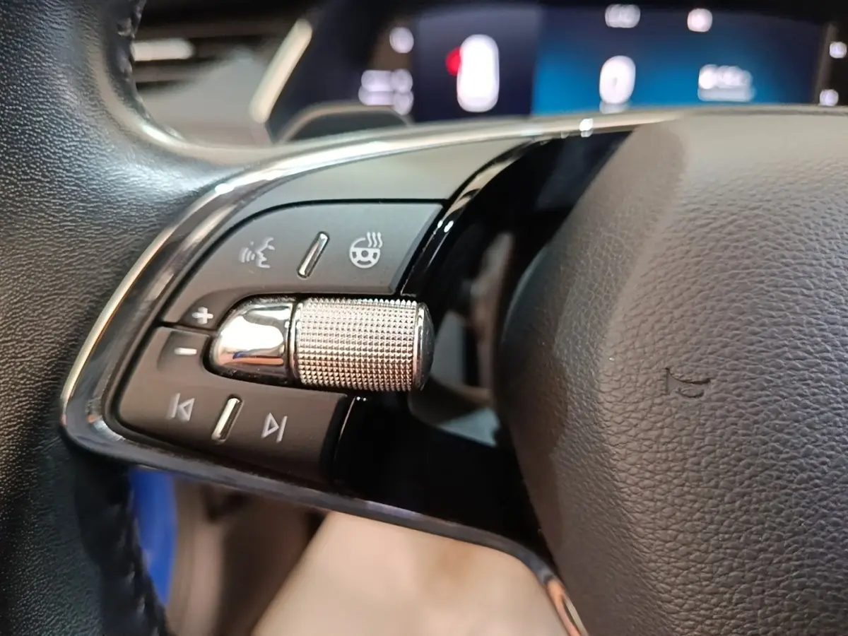 Gros plan sur les commandes multifonctions noires et chrome du volant cuir d’une Skoda Octavia 2024.