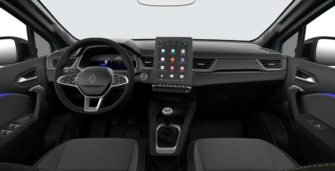 Vue intérieure avant du Renault Symbioz 2025, tableau de bord noir avec écran tactile vertical et volant multifonction.