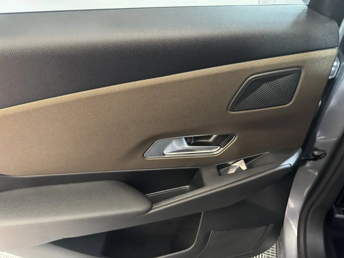 Vue intérieure côté gauche de la porte avant gris foncé du DS7 Crossback E-TENSE avec poignée argentée et haut-parleur intégré.