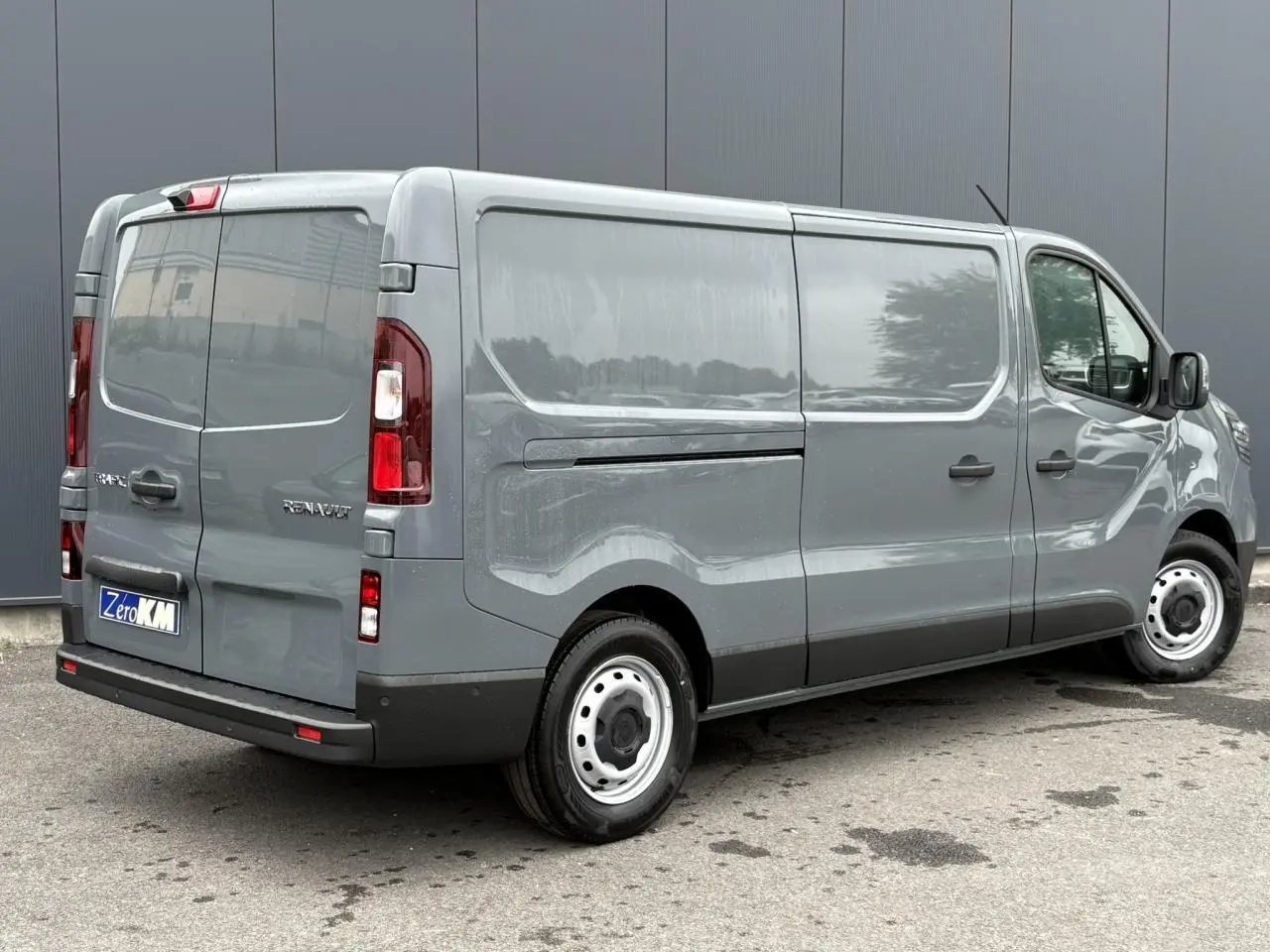 Renault Trafic Fourgon gris urbain vu en 3/4 arrière droit, avec portes latérales et feux arrière visibles.