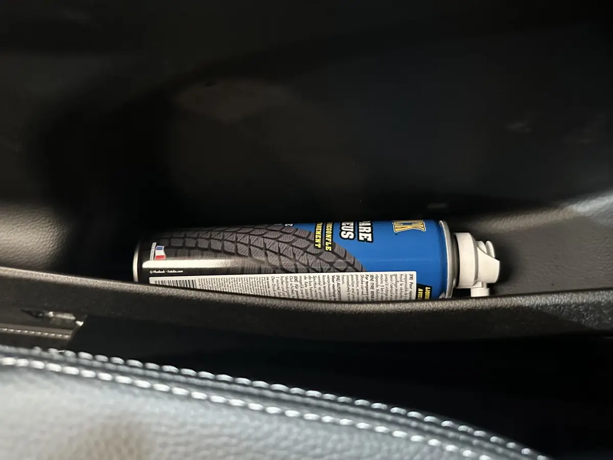 Gros plan sur un aérosol de produit dans la porte côté conducteur d’une Aixam Ambition 0.5 Crossover Premium blanche.