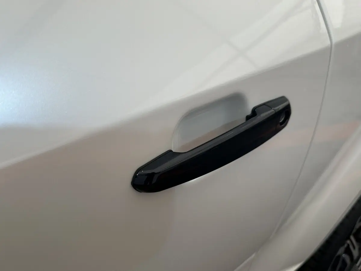 Poignée de porte noire en gros plan sur la porte côté conducteur d'une Aixam Ambition 0.5 Crossover Premium blanche.