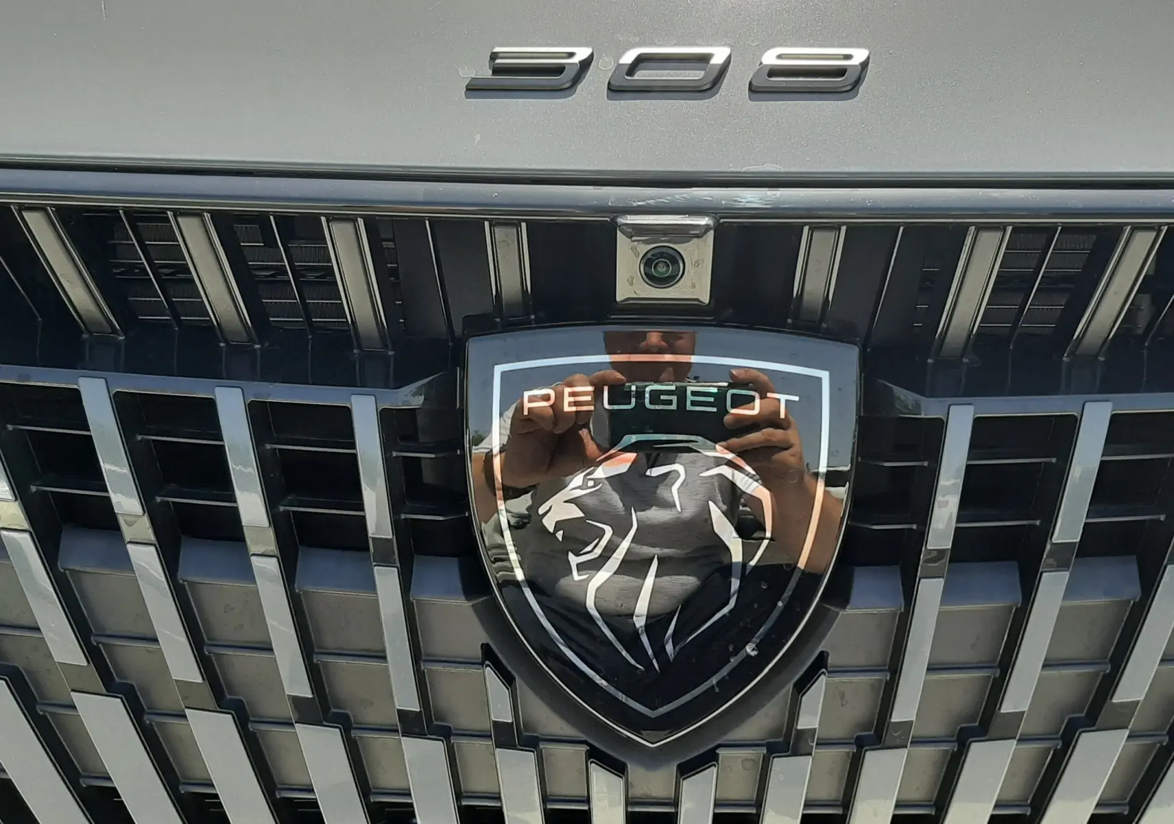 Gros plan frontal sur la calandre gris sélénium du Peugeot 308 avec logo lion et inscription 308 au-dessus.