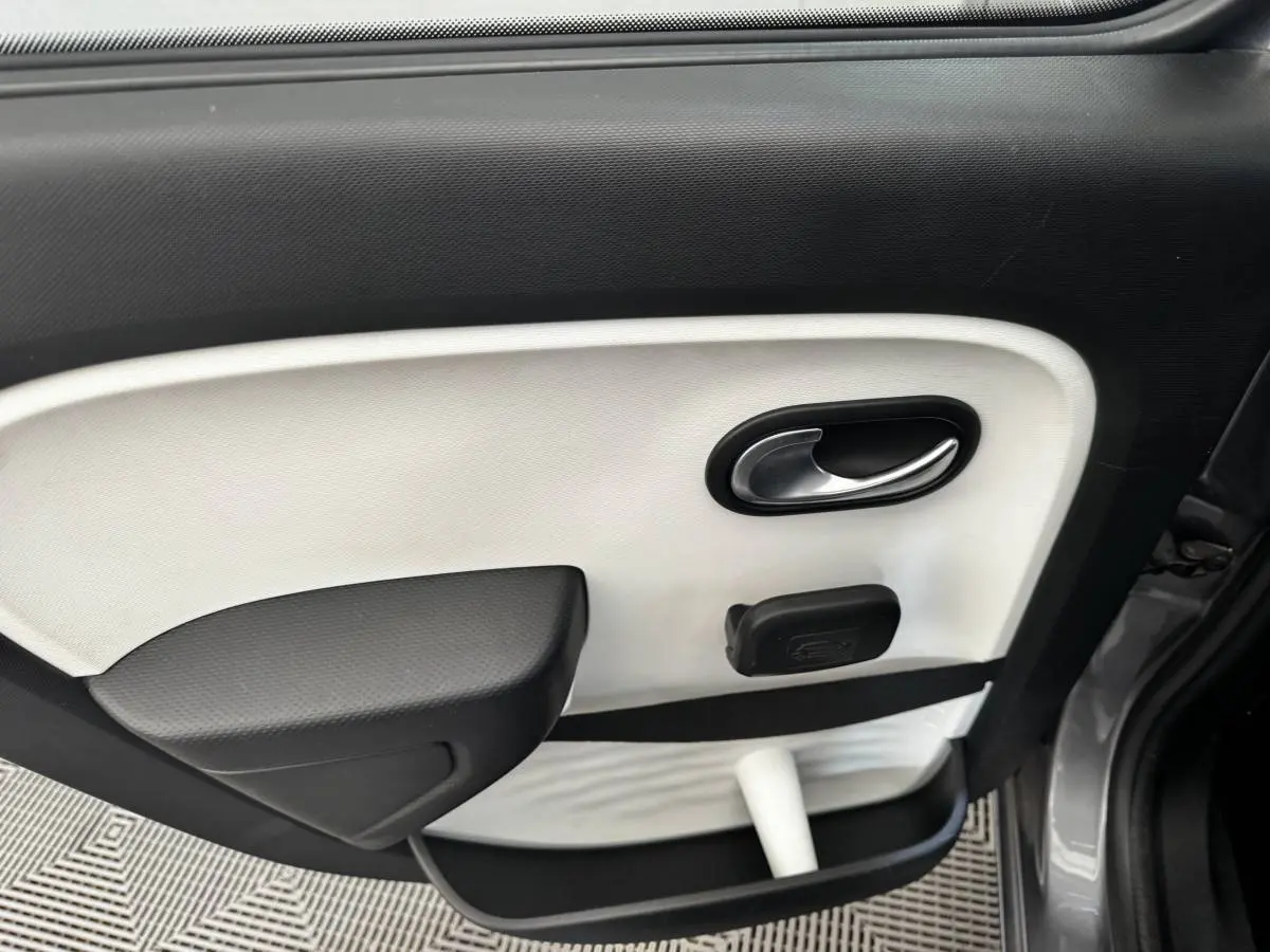 Vue intérieure côté gauche de la porte avant d'une Renault Twingo gris foncé, avec poignée argentée et accoudoir noir.