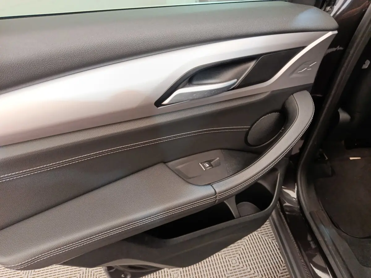 Vue intérieure côté gauche de la porte avant d’un BMW X3 gris clair, avec garniture cuir noir et insert argenté.