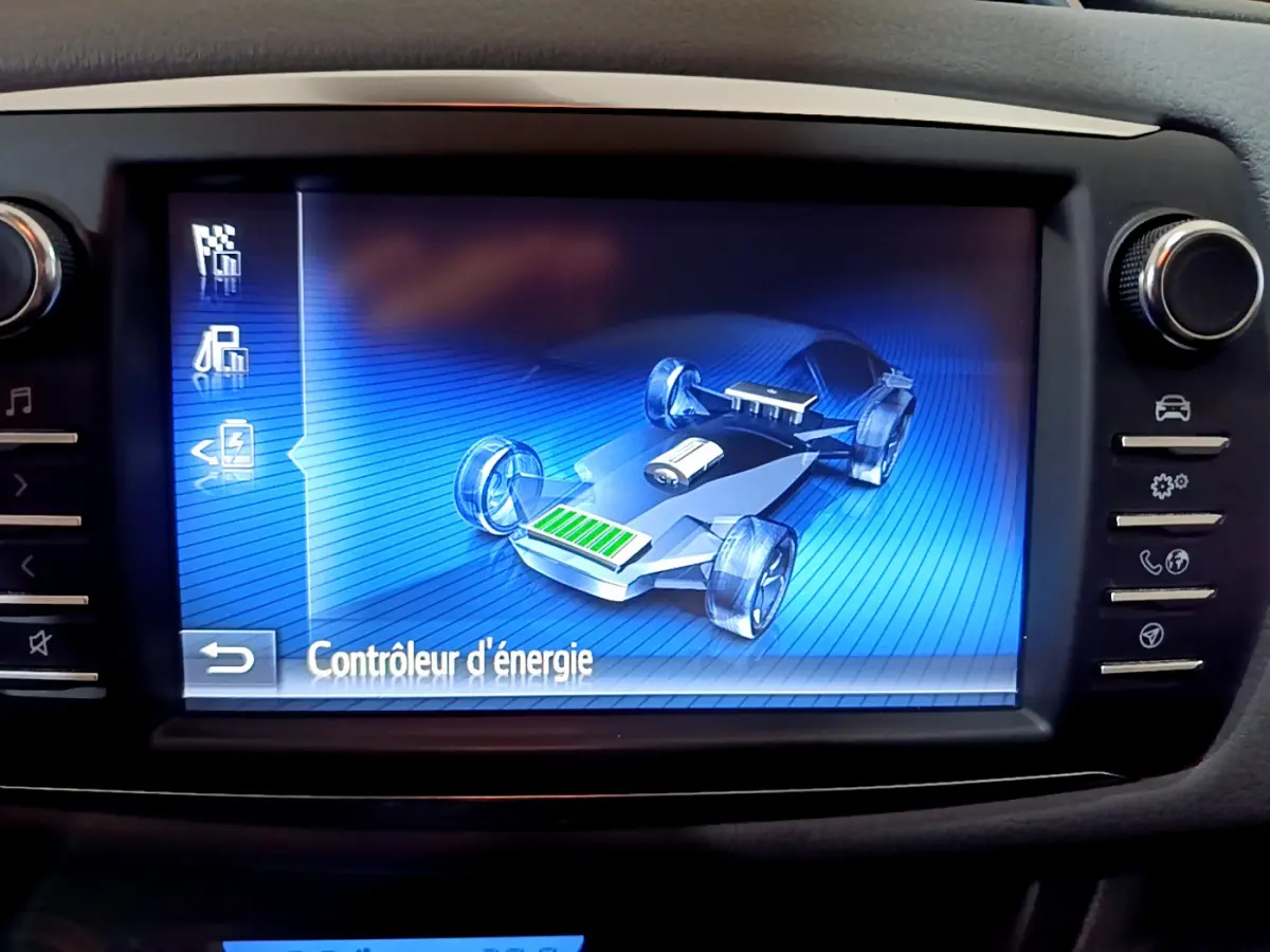 Écran tactile intérieur affichant le contrôleur d'énergie d'une Toyota Yaris hybride, vue frontale du tableau de bord.