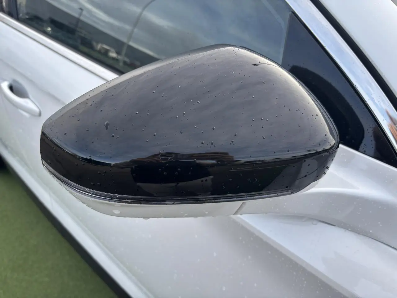 Rétroviseur noir brillant côté gauche du DS7 Crossback blanc nacré avec gouttes d'eau visibles sur la carrosserie.