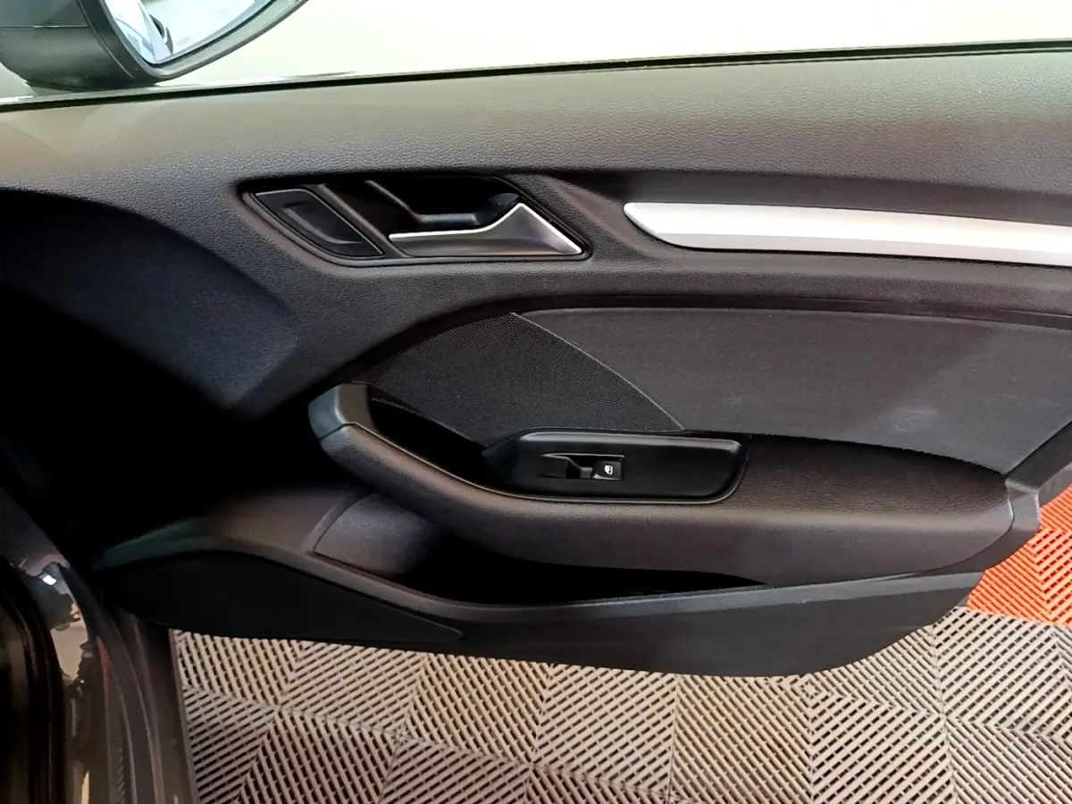 Vue intérieure côté gauche de la porte avant d'une Audi A3 gris foncé avec poignée argentée et commande de vitre électrique.