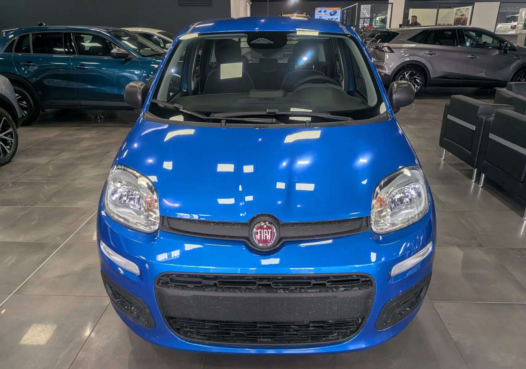 Vue frontale d'une FIAT Panda 1.0 Hybrid 2025 en Bleu Italia, exposée en showroom avec phares et calandre visibles.