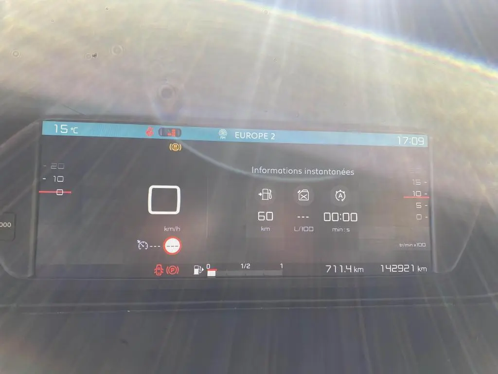 Affichage numérique du tableau de bord du Citroën C4 Spacetourer 2018 montrant la vitesse à 0 km/h et diverses informations instantanées.
