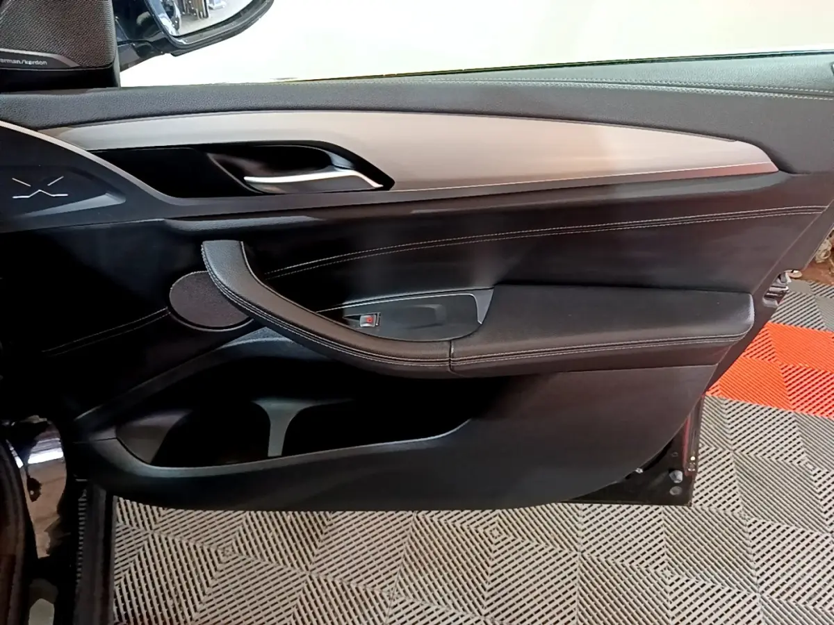 Gros plan sur la porte intérieure côté gauche d’une BMW X3 noire, avec garniture cuir et insert décoratif clair.