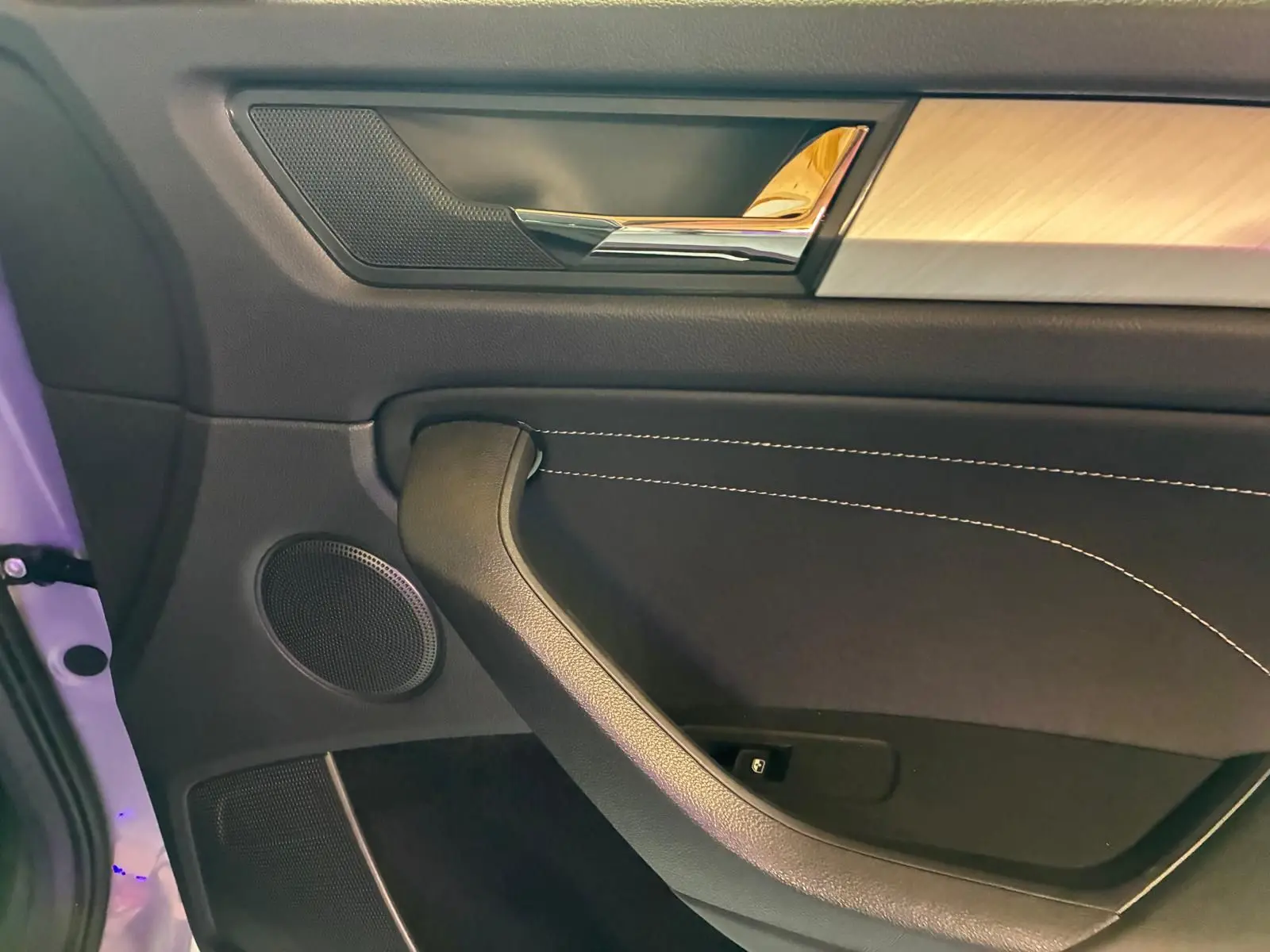 Détail de la porte intérieure côté gauche du Skoda Kodiaq 2023, avec garniture noire et insert décoratif clair.