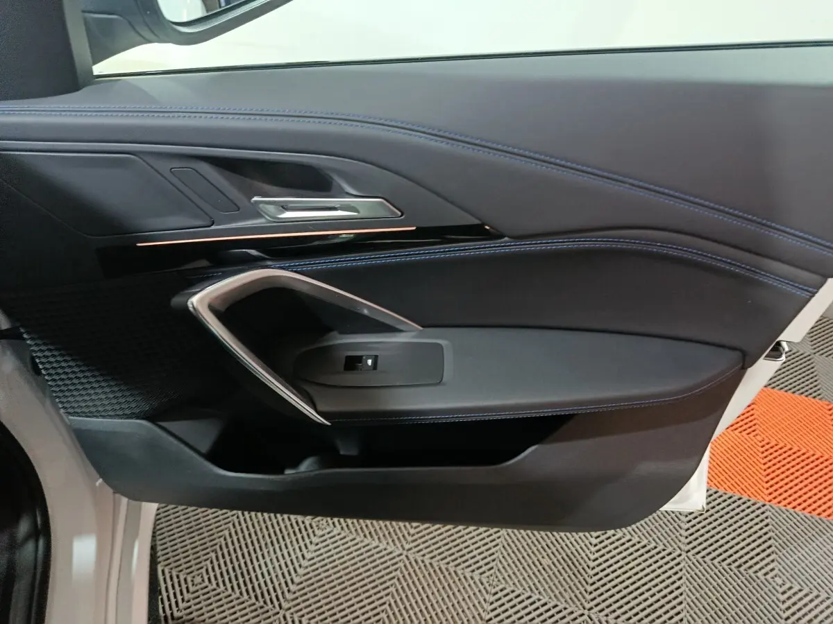 Vue intérieure côté gauche de la porte avant d'une BMW X1 blanche, avec surpiqûres bleues et poignée argentée.