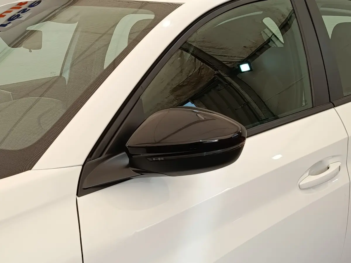 Vue rapprochée du côté gauche avant d'une Peugeot 208 blanche avec rétroviseur noir brillant et poignée de porte blanche.