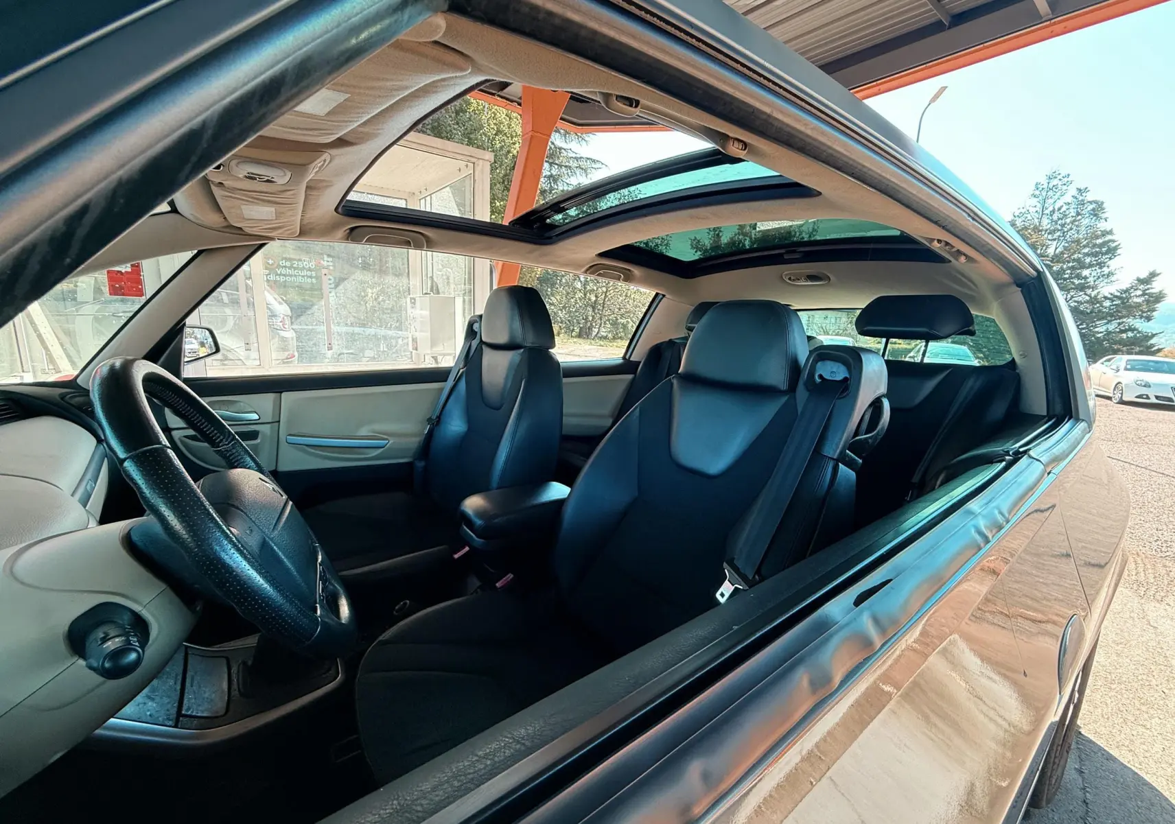 Vue intérieure côté gauche du Renault Avantime gris 2002, sièges noirs et toit ouvrant panoramique visible.