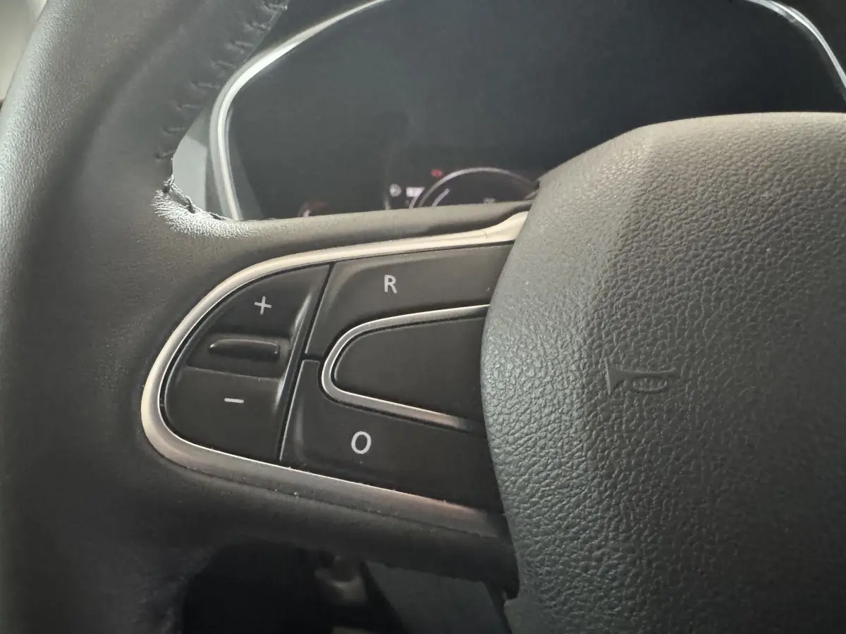 Gros plan sur le volant cuir noir de la Renault Mégane Business avec commandes multifonctions côté gauche.