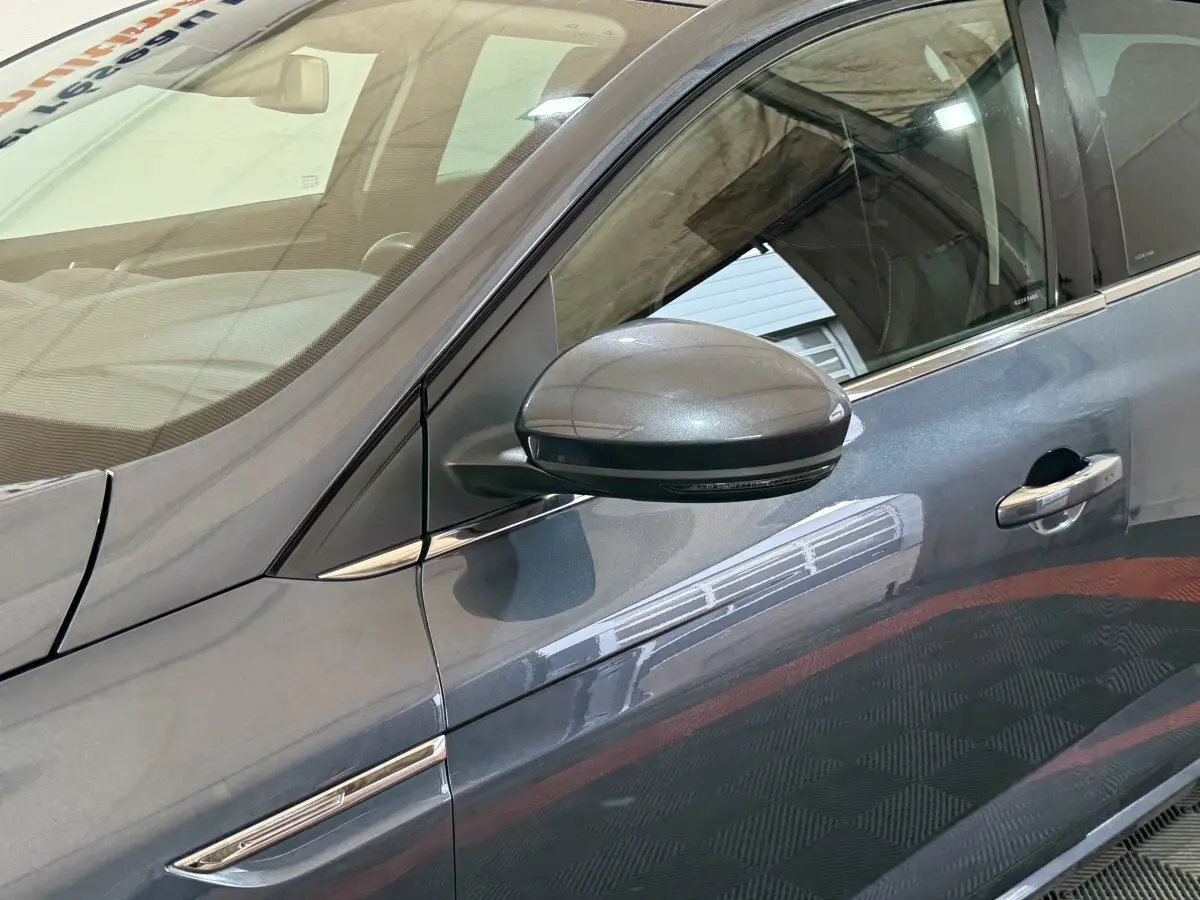 Détail du côté gauche d’une Renault Mégane gris foncé, montrant la portière et le rétroviseur extérieur.