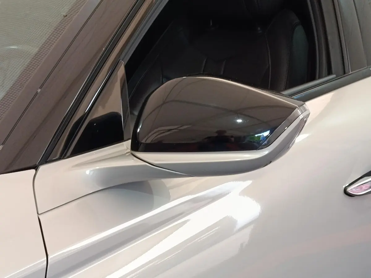 Gros plan sur le rétroviseur noir et la porte gris clair côté conducteur du DS4 E-TENSE 225 LA PREMIERE 2021 hybride rechargeable.