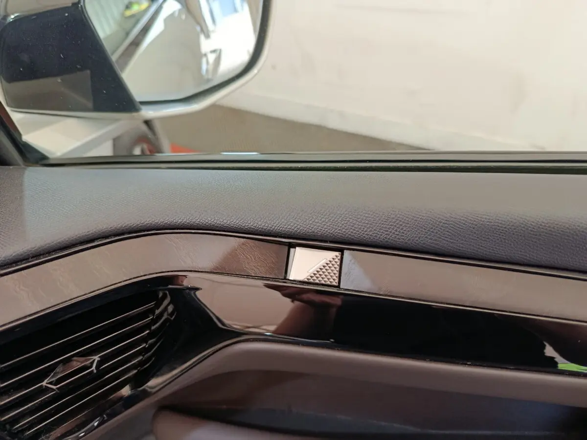 Détail intérieur de la portière côté gauche d'une DS4 E-TENSE 225 gris clair, avec insert noir brillant et bouton triangulaire.