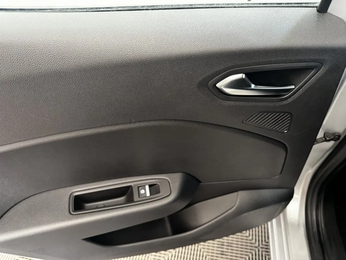 Vue intérieure côté droit de la porte avant grise claire de la Renault Clio avec poignée argentée et commande de fenêtre.