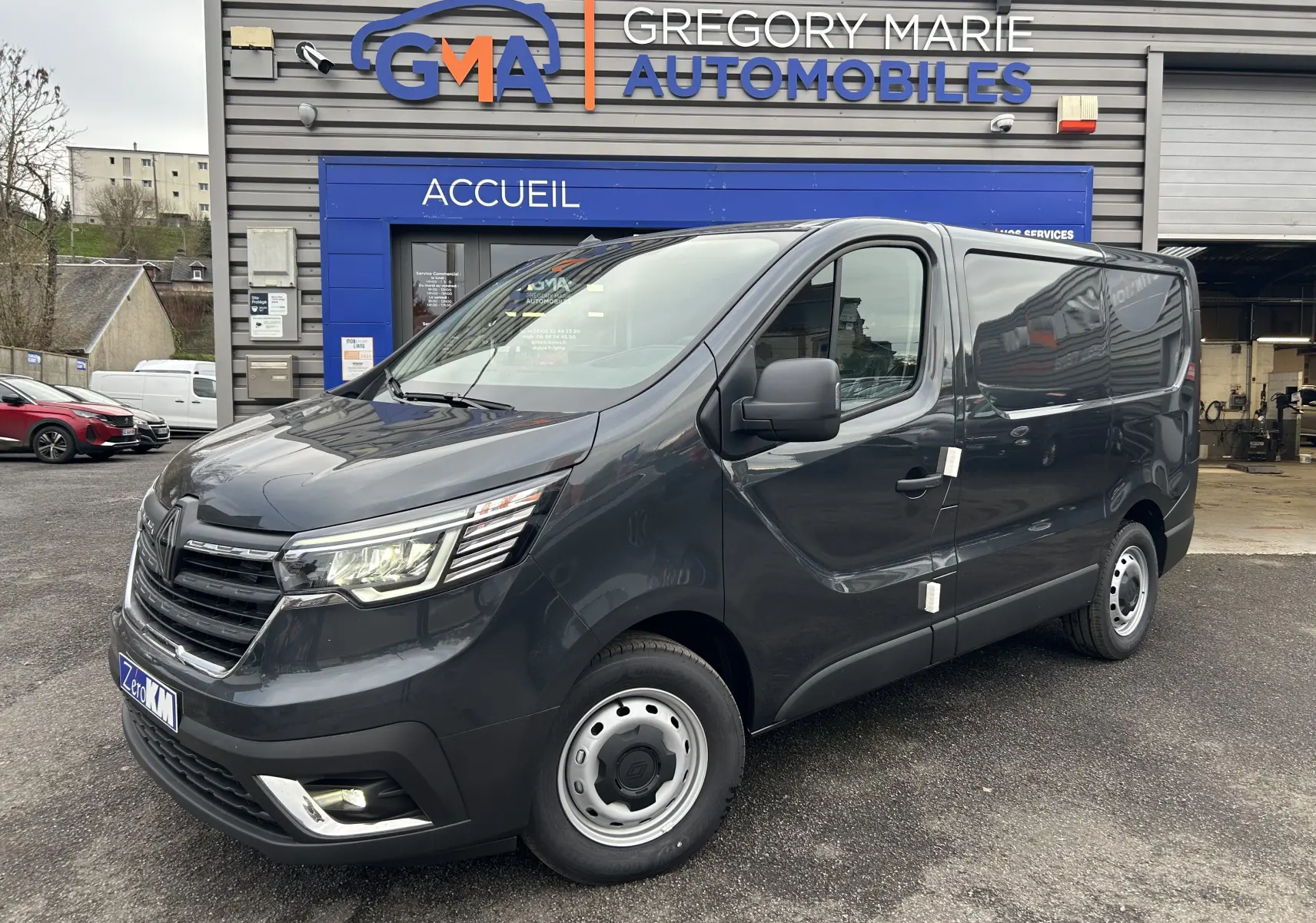 Fourgon Renault Trafic Advance gris Comète vu en 3/4 avant droit devant un garage Gregory Marie Automobiles.